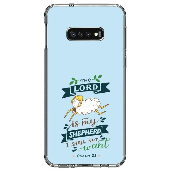 DistinctInk Clear Shockproof Hybrid Case for Samsung Galaxy S10e (5.8" Screen) - TPU Bumper, Acrylic Back, Tempered Glass Screen Protector - The Lord is My Shepherd I Shall Not Want