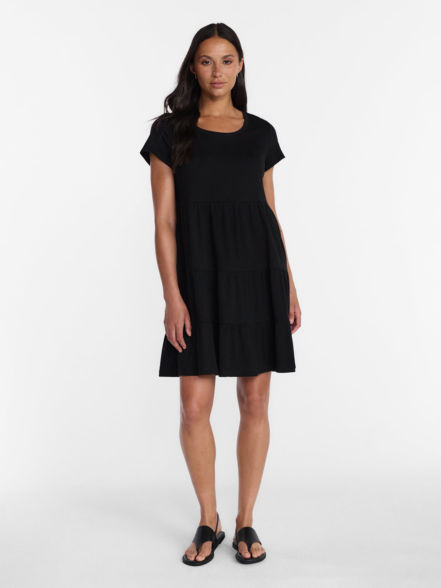 Time and Tru Women's Tiered Cotton Mini Dress with Short Sleeves, Sizes XS-XXXL