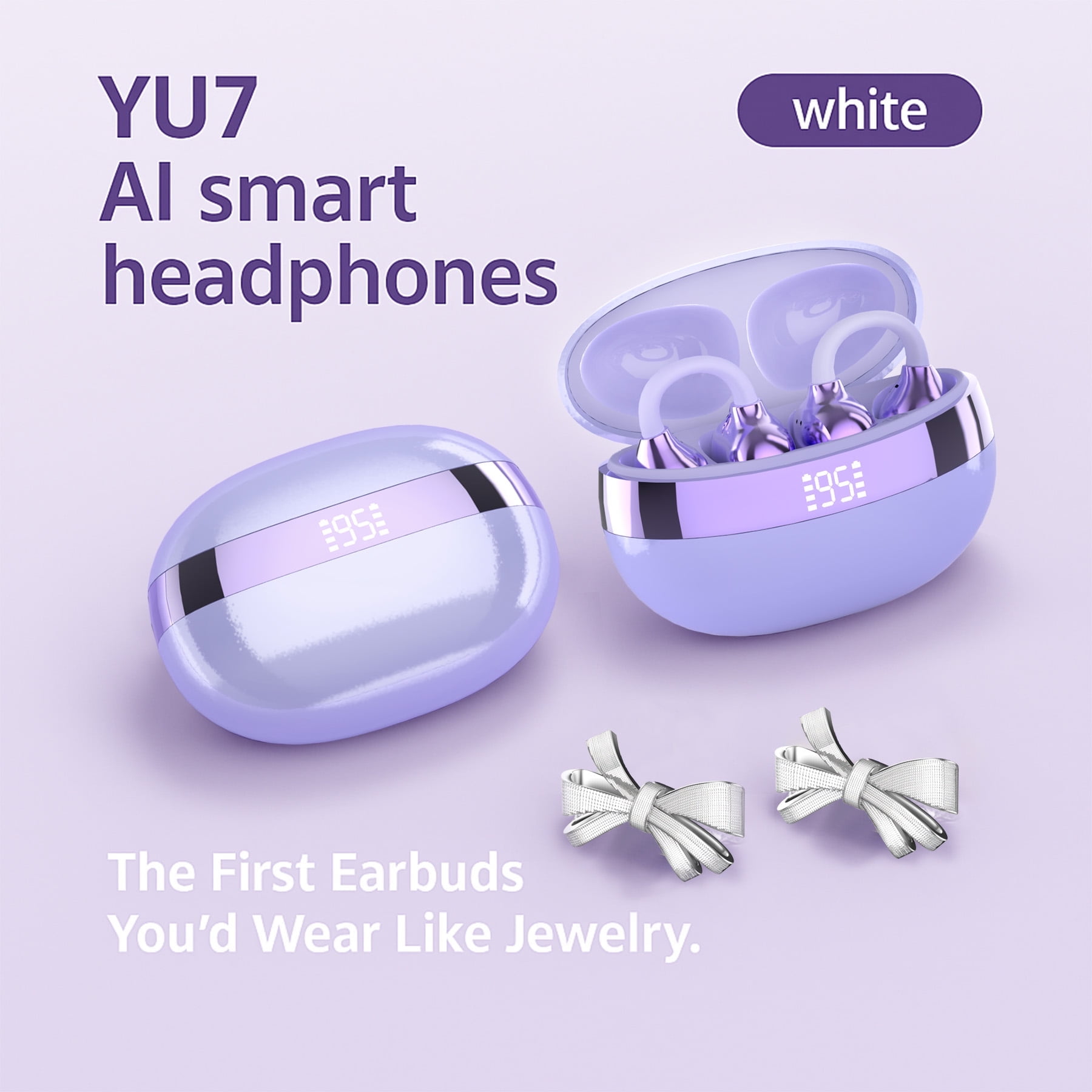 Bluetooth 6.0 Open-Ear Clip-On Wireless Earbuds, ENC Noise Cancelling Jewelry Headphones with Detachable Bow Rhinestone Accessories – Purple