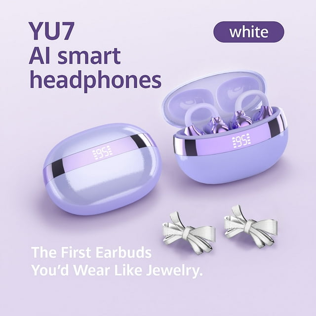 Audífonos Inalámbricos Bluetooth 6.0 de Oído Abierto con Clip, Audífonos con Cancelación de Ruido ENC y Accesorios con Lazo Desmontable y Diamantes de Imitación – Morado