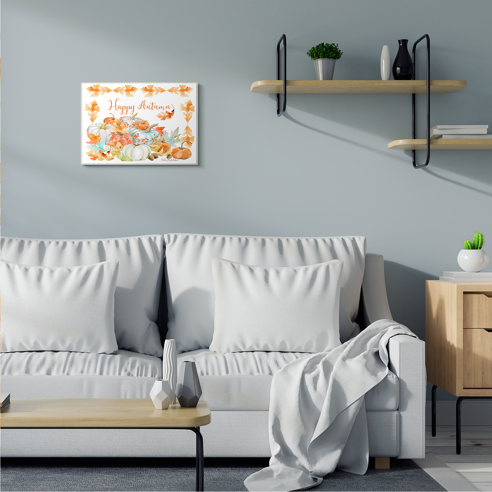 Stupell Industries Happy Autumn Phrase Pumpkin Harvest Foliage Border Typography Painting Wall Plaque Art Print Wall Art, 13 x 19