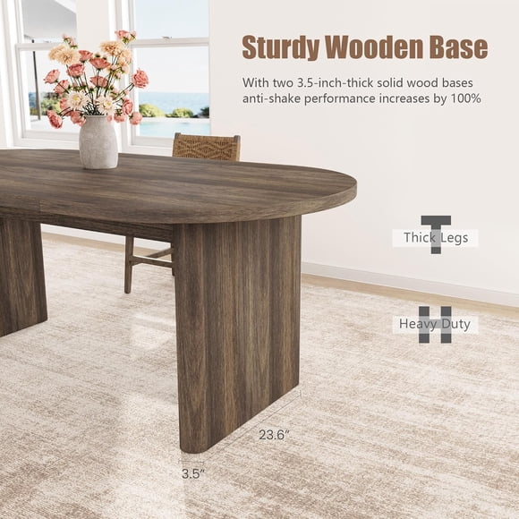 Table à Manger Ovale Spacieuse pour 4-8 – Base en Bois à Double Piédestal – Design Moderne de Style Ferme Polyvalent – Cuisine, Salon, Bureau – Brun-1800