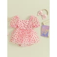 thumbnail image 3 of Newborn Girl Outfit, Short Sleeve Heart Print A-line Romper Dress with Bowknot Headband Clothes, 3 of 10