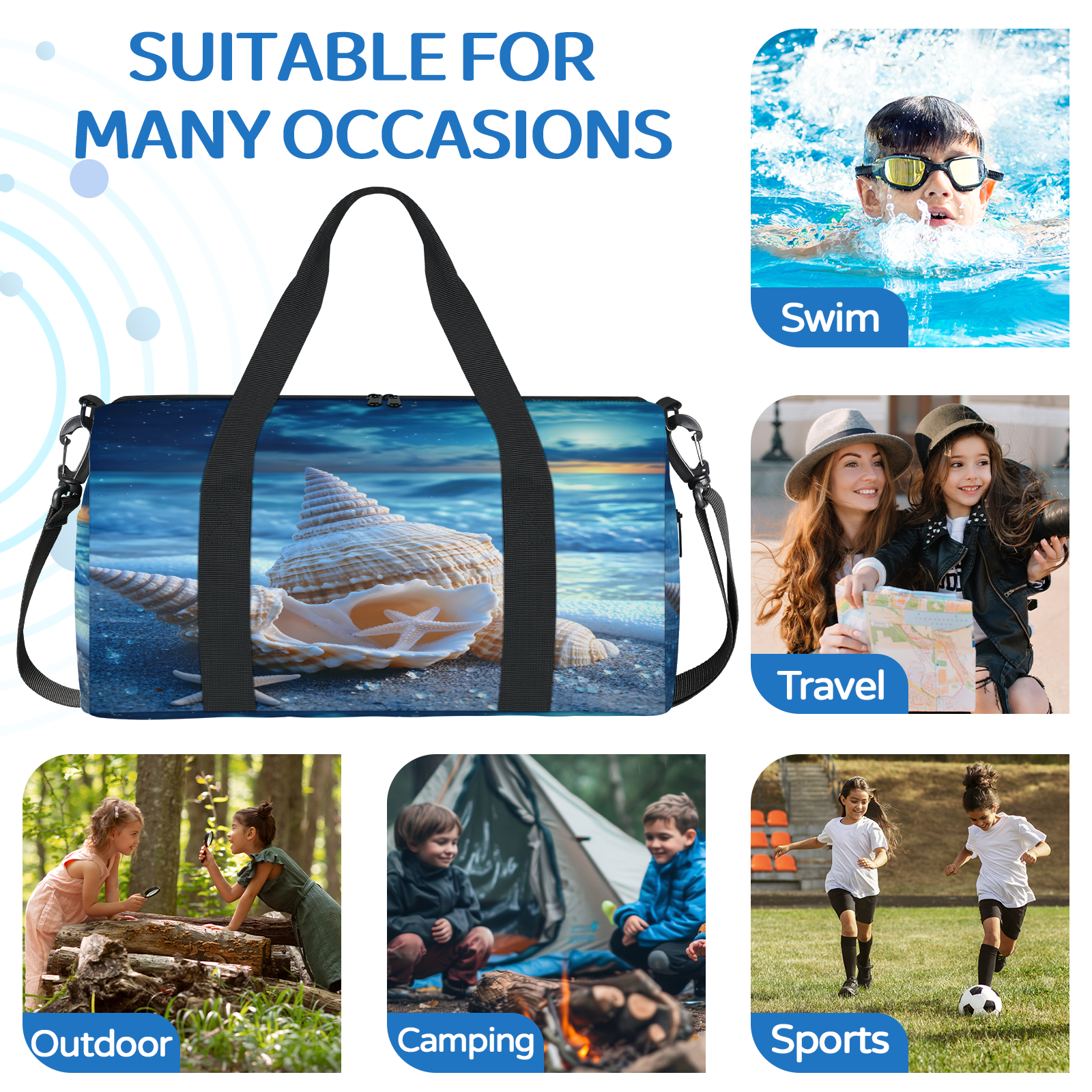 Herdesigns Nautical Coastal Gym Bag for Women, Starfish Seashell Coral Beach Duffle Bag for Travel Sport, Lightweight Waterproof Carry on Weekender Overnight Dance Yoga Workout Bags