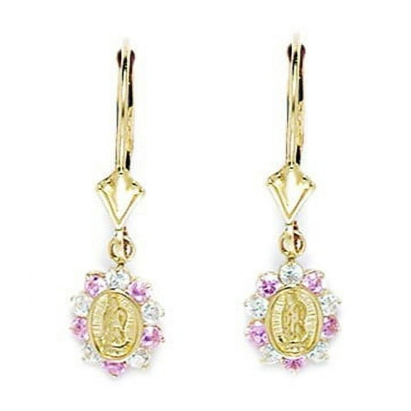 14k Yellow Gold Pink Cubic Zirconia Small Virgin Mary Drop Leverback Earrings - Measures 26x8mm