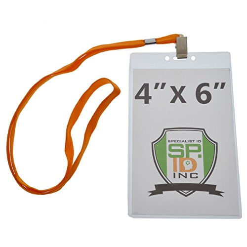 10 Pack - Premium 4X6 Badge Holder with Lanyard - Heavy Duty Extra Large Badge and Credential Holders for Special Events (Max Insert 4" X 6") (Orange)