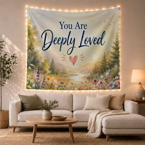 You Are Deeply Loved Quote Over Wildflower Valley, Romantic Watercolor for Quote Lovers, Floral Wall Art, Valentine's Day Gift, Tapestry Wall Hanging for Bedroom and Living Room