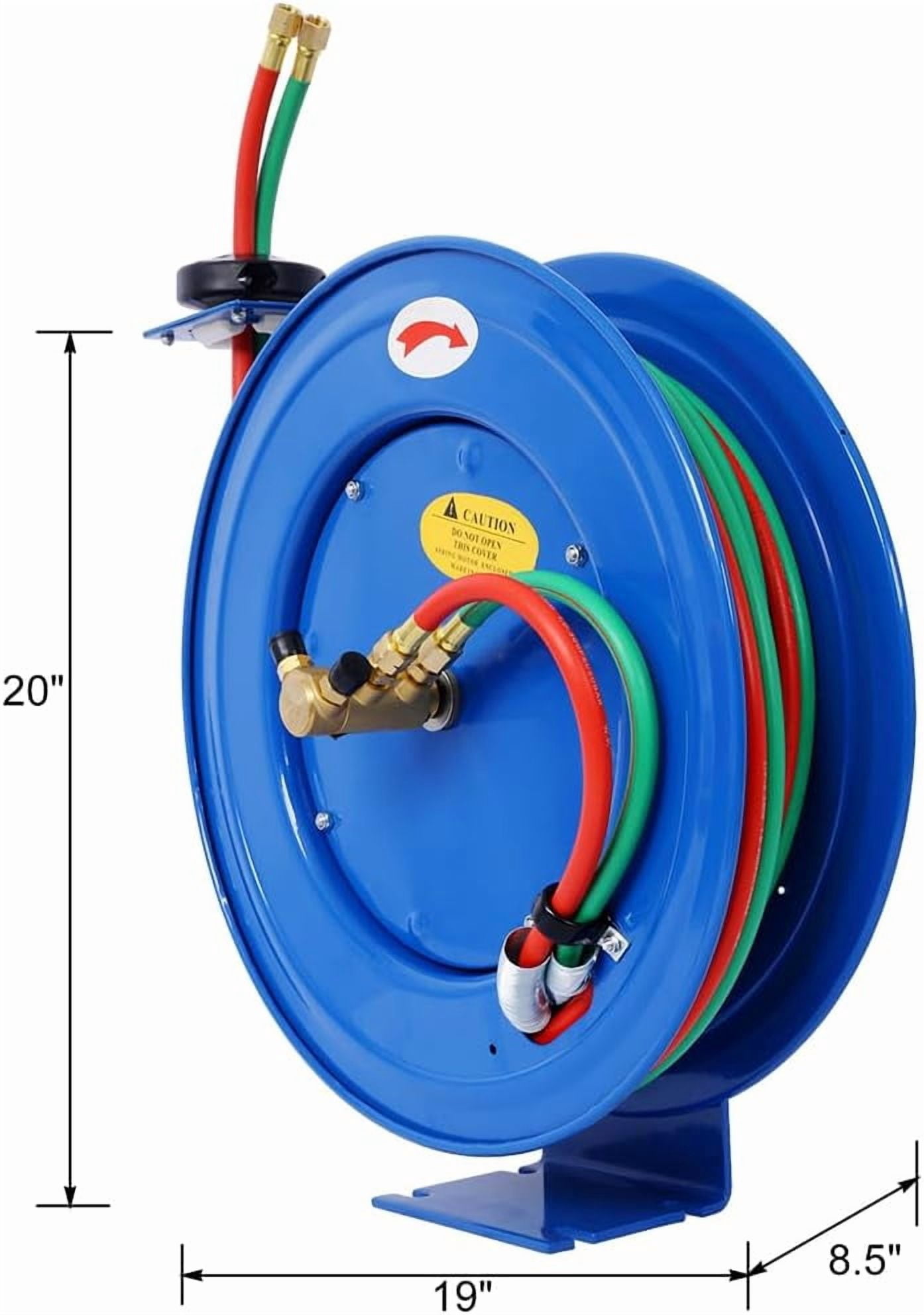 Retractable Air Hose Reel, Heavy Duty Welding Hose Reel 1/4" Inch x 50' Foot Twin Oxygen Acetylene Rubber Hoses STD Duty Max 200 PSI Industrial Single Arm Construction