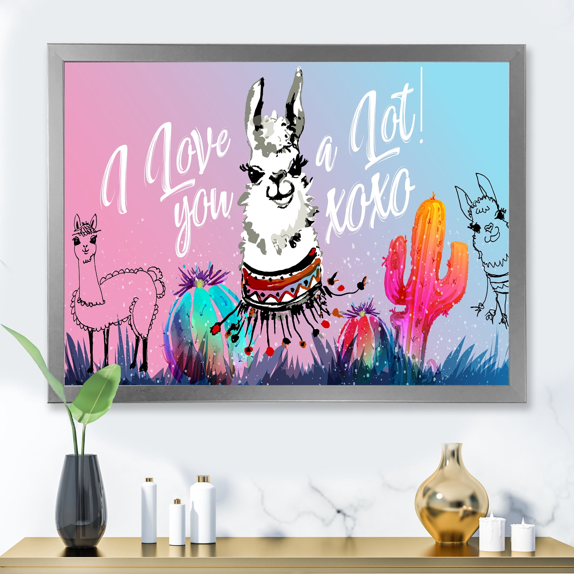 Designart 'I Love You A Lot Llama Alpaca Cartoon Portrait' Children's Art Framed Art Print