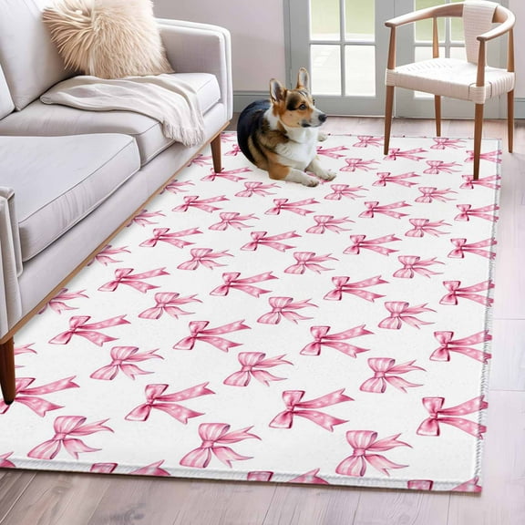 Cute Pink Bow Area Rug 3x5 FT, Non Slip Entryway Bedside Carpet, White Sweet Modern Watercolor Washable Soft Floor Carpet Indoor Mat Non-Shedding Throw Rug for Dorm Kitchen Home Office
