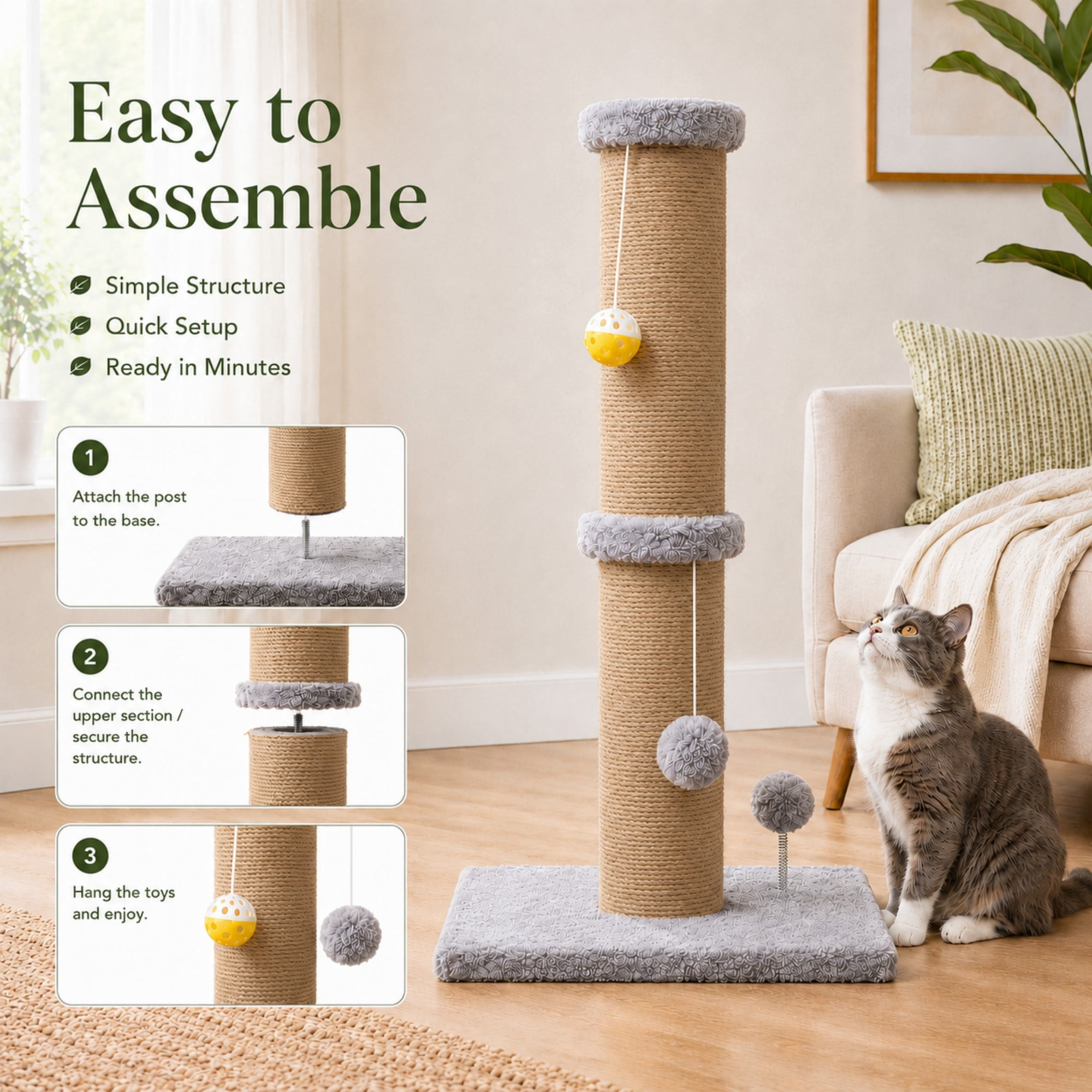 PELUOMOZ 5-Inch Thick Sisal Cat Scratching Post with Top Platform and Extra-Stable Base, Gray