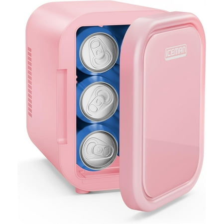 ICEMAN Portable Mini Fridge, 6 Can Capacity, Cools and Heats, 4L, Pink, 4.4 lbs
