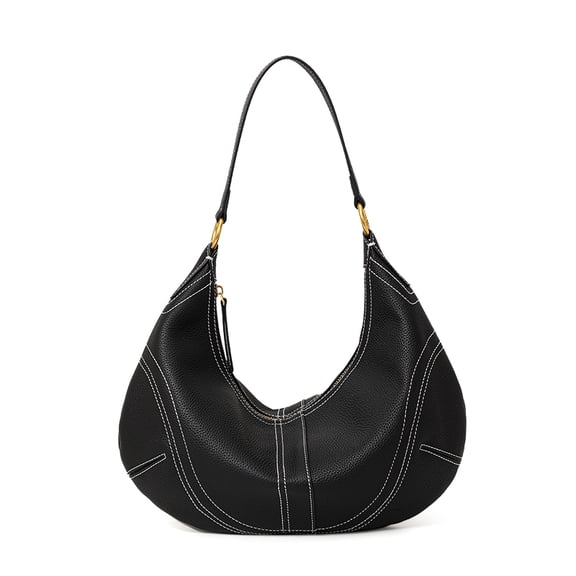 Genuine Cowhide Women Hobo Bag, Black Leather Shoulder Bag, Adjustable Strap Crossbody Purse