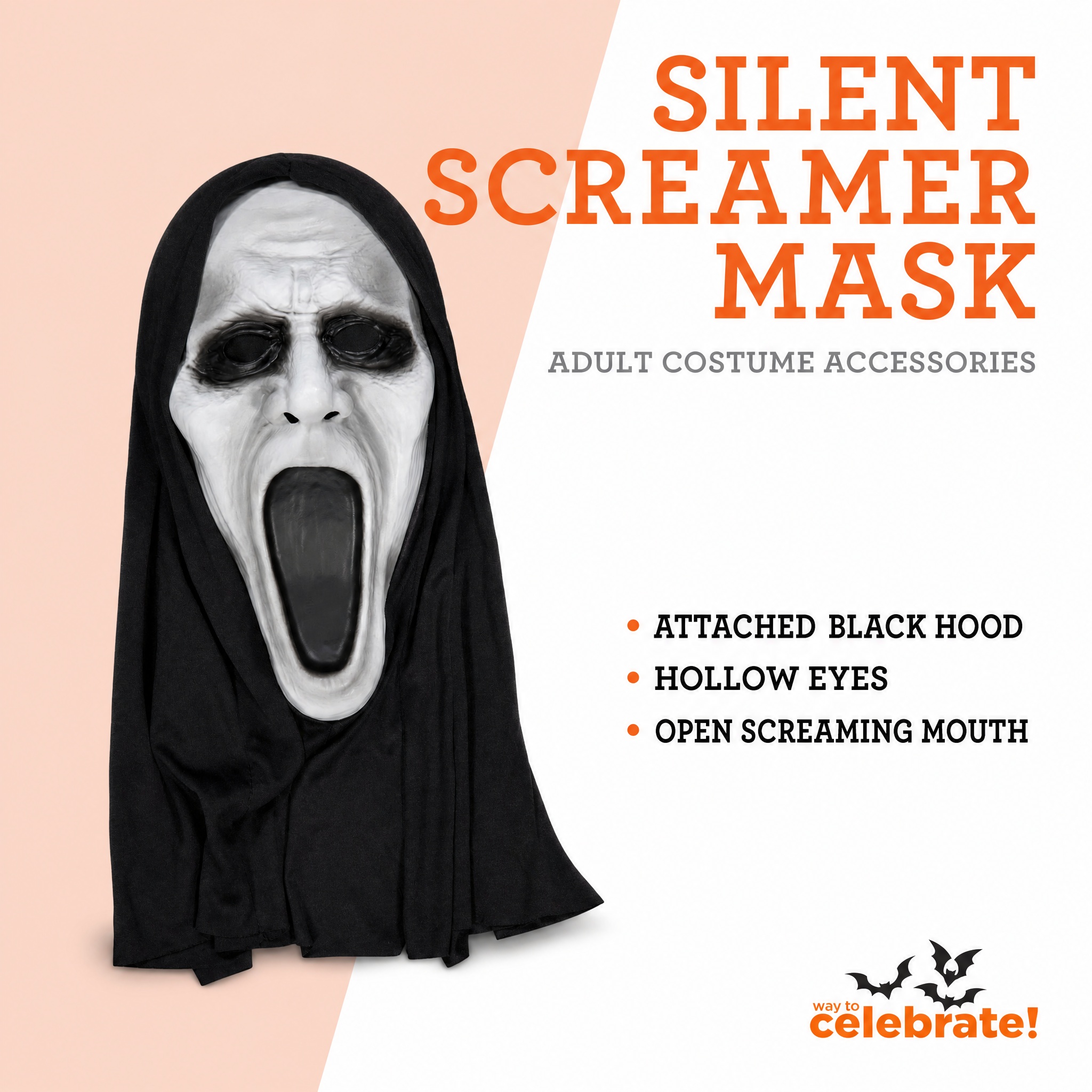 Silent Screamer Mask Costume Accessory for Adults, Black and White, Halloween by Way To Celebrate