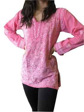 Mogul Women Pink Thread Floral Hand Embroidered Tunic Blouse Bohemian Cotton Summer Fashion Tops S
