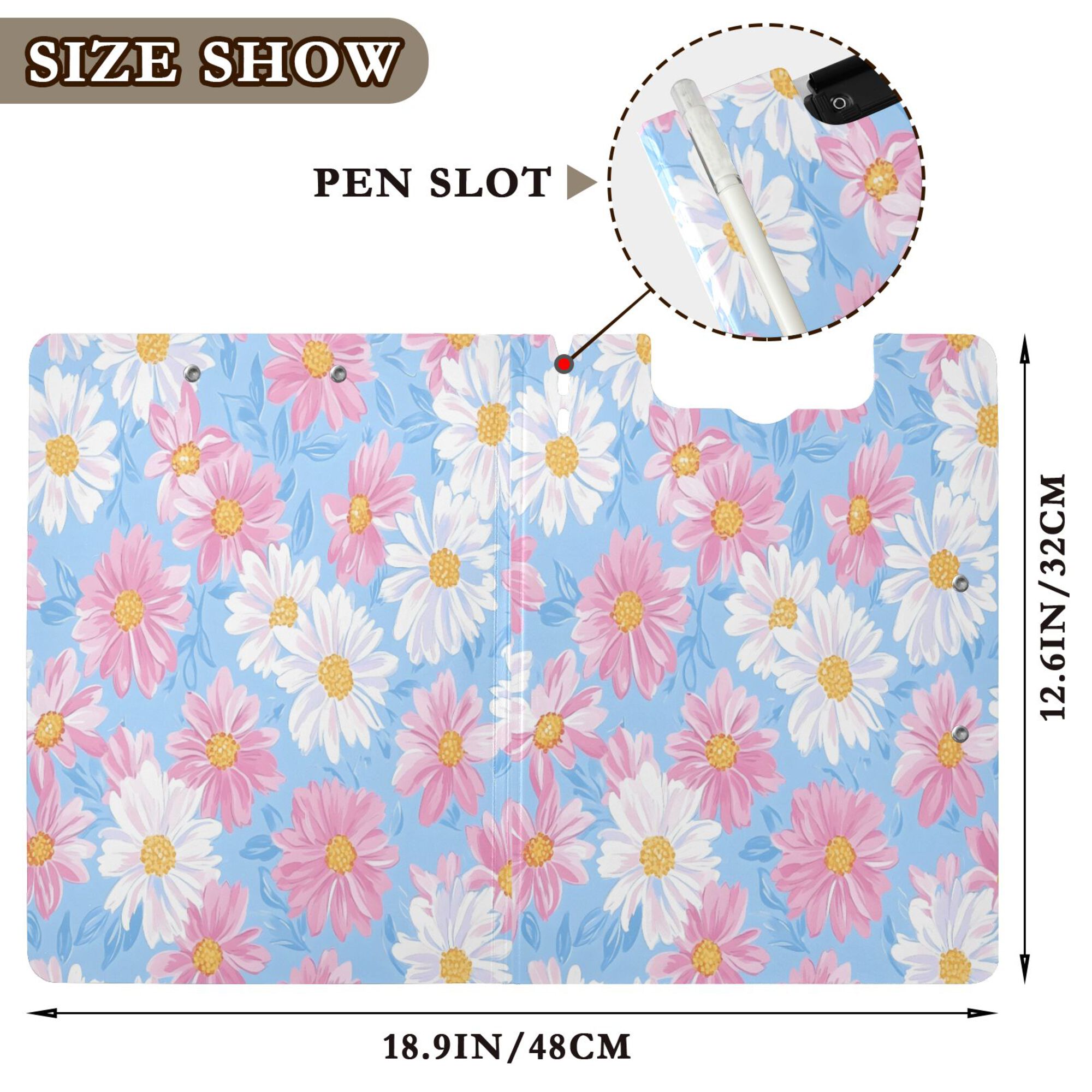 FORMRS A4 Clipboard Folder with Pen Holder Horizontal Foldable School Office Binder, Pink Daisy