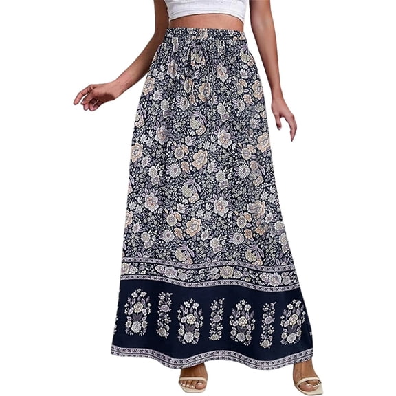 Arlun 2026 Women's Boho Floral Skirts Casual Drawstring Elastic High Waist Soft Comfy Maxi Skirts Lightweight Flowy a Line Beach Long Skirt with Side Pockets 9-White XL