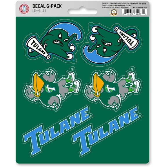Tulane University Green Wave 6-Piece Decal Sticker Set, 5x6 Inch Sheet, Gift for football fans for any hard surfaces around home, automotive, personal items