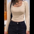 thumbnail image 4 of Camisas de Larga con Cuello Redondo para Mujer, Blusas Informales de Punto Acanalado de Corte Ajustado, Camisetas Básicas de Trabajo para Verano y Otoño. Caqui L, 4 of 9