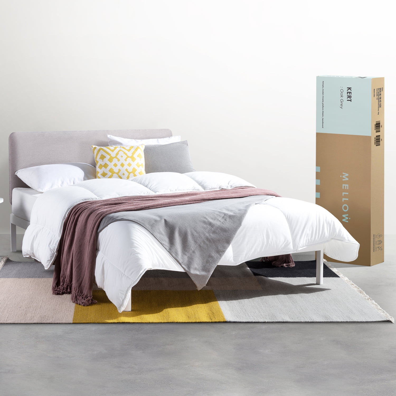 Mellow Kert Metal Platform Bed with Fabric Headboard and Rounded Legs, Oak Grey, King