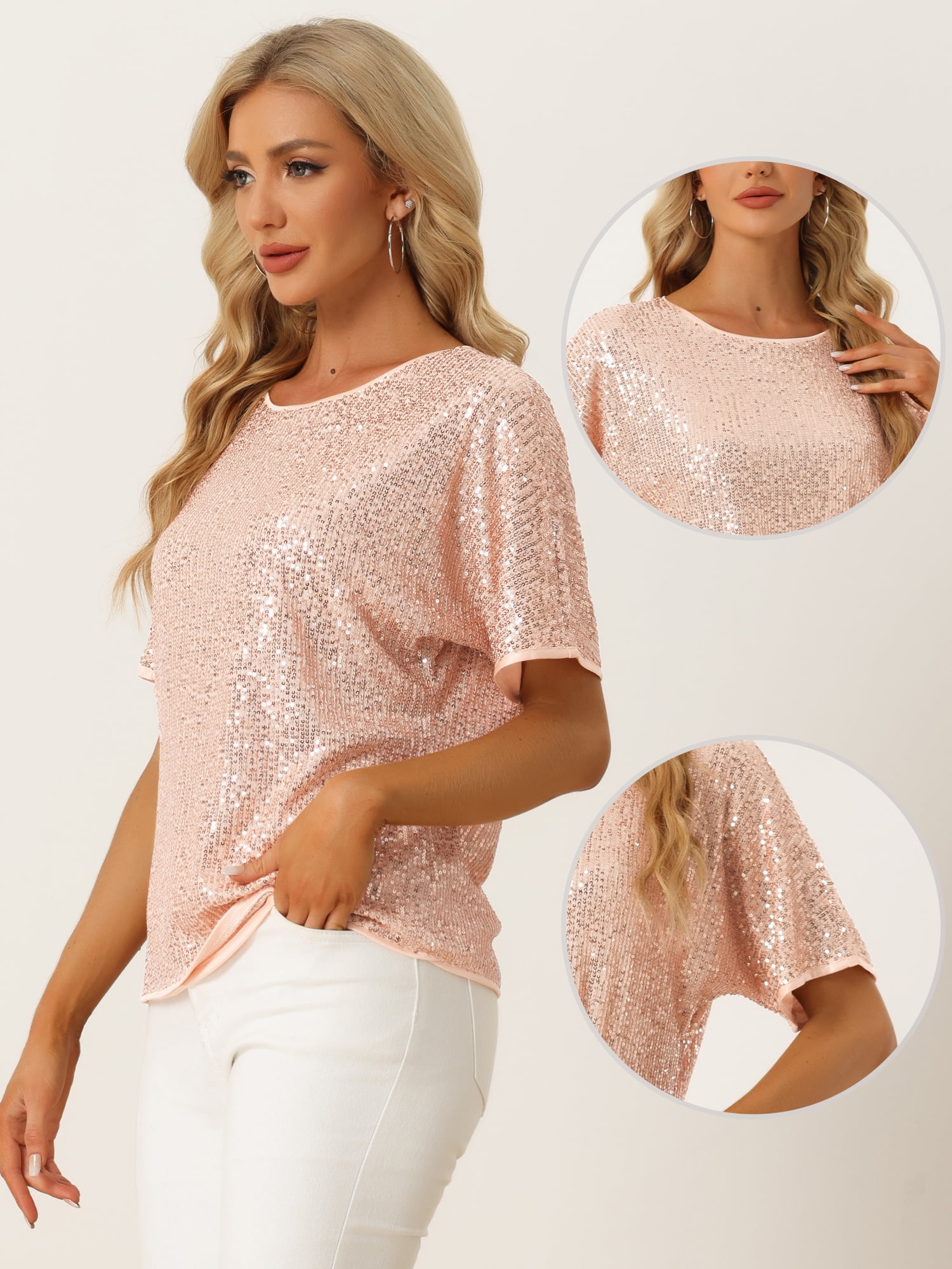 DARING DIVA Women's Costume Sequin Clubwear Blouses T-Shirts S Pink