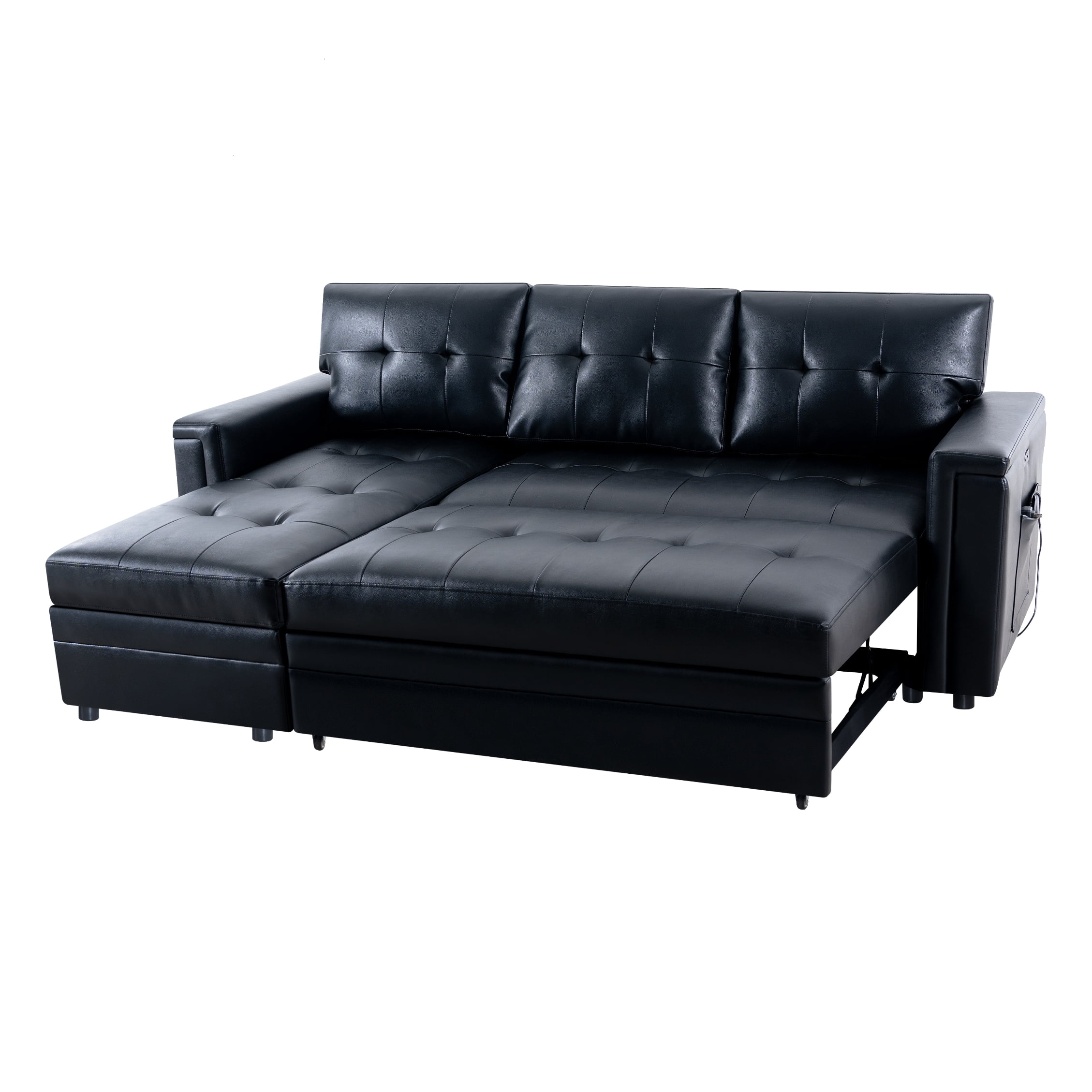 Naomi Home Lily Sectional Sleeper Sofa with USB ports-L-Shaped Couch Convertible faux leather sectional Pull-Out Bed, Ample Storage, Long-Lasting for Modern Living, Black, Air Leather