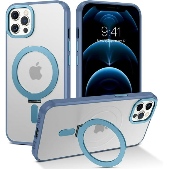 iPhone 12 Pro Max Case with Invisible Magnetic Stand [Compatible with MagSafe] Clear Hard Back Cover Soft TPU Hybrid Shockproof Military-Grade Protection Slim Ring Kickstand Phone Case, Blue