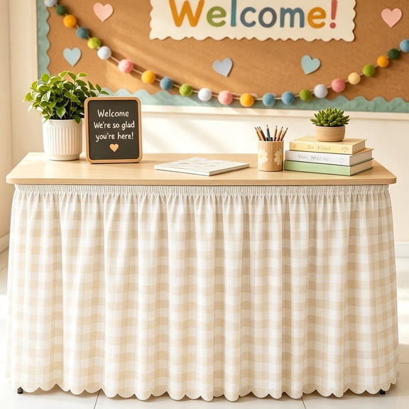 MudFree Teacher Desk Skirt 4.6 ft Khaki Gingham Desk Decor, Table Skirt for Office Classroom Home Party Table Cover