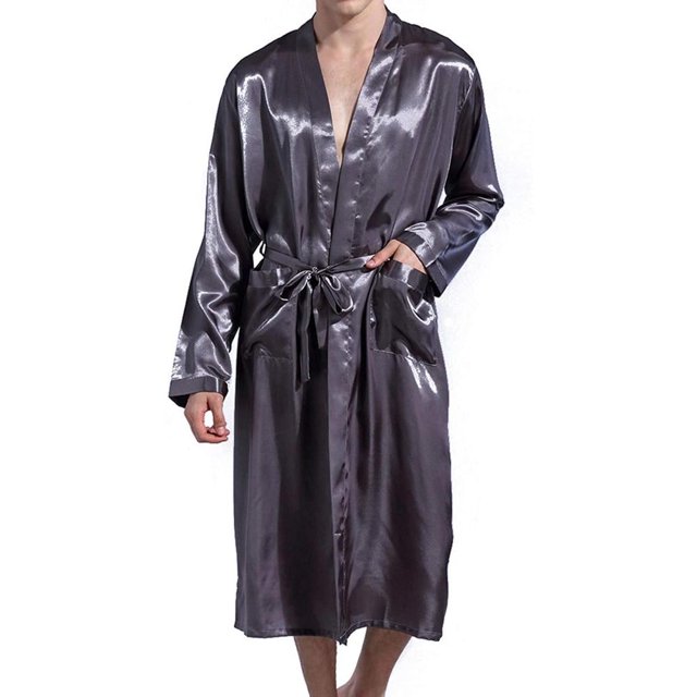 MesaSe Men‘s Imitation Silk Bathrobe Long Open The Front Home Service with Pocket