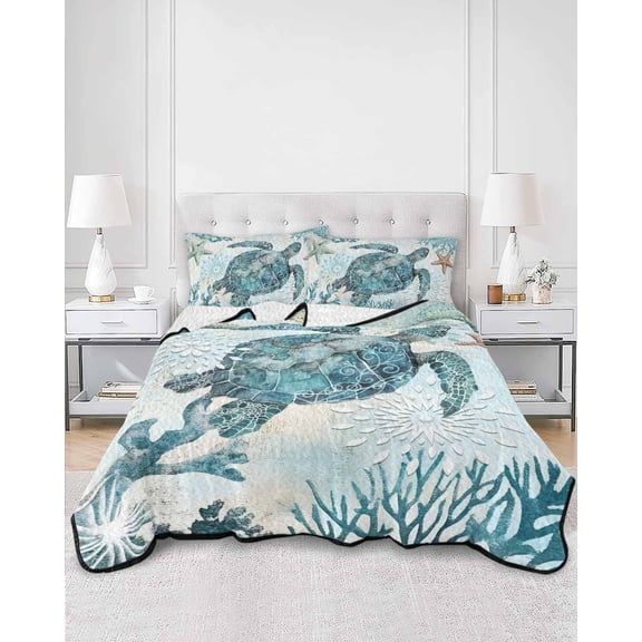 Quilts Twin Size, Teal Turtle Coastal Soft Comforter Bedding Set for Bed, Summer Beach Starfish Nautical Sea Lightweight Quilted Bedspread with Pillow Cover(2 Pieces) for All Season, 68x86 Inch