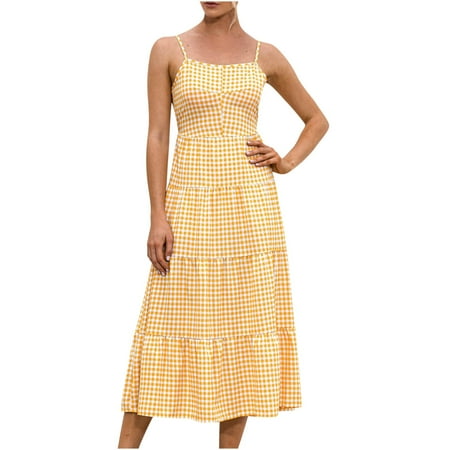 

Dresses for Women 2022 Summer Dress Women s Fashion Casual Square Neck Sling Open Back Lace Slim Fit Solid and Plaid Print Dress Savings Clearance Deals Sundresses for Women Maxi Dress Yellow L