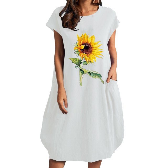Vestido estampado de cuello redondo de manga corta de color sólido para mujer con bolsillos Vestido a media pierna Fridja bnh1853