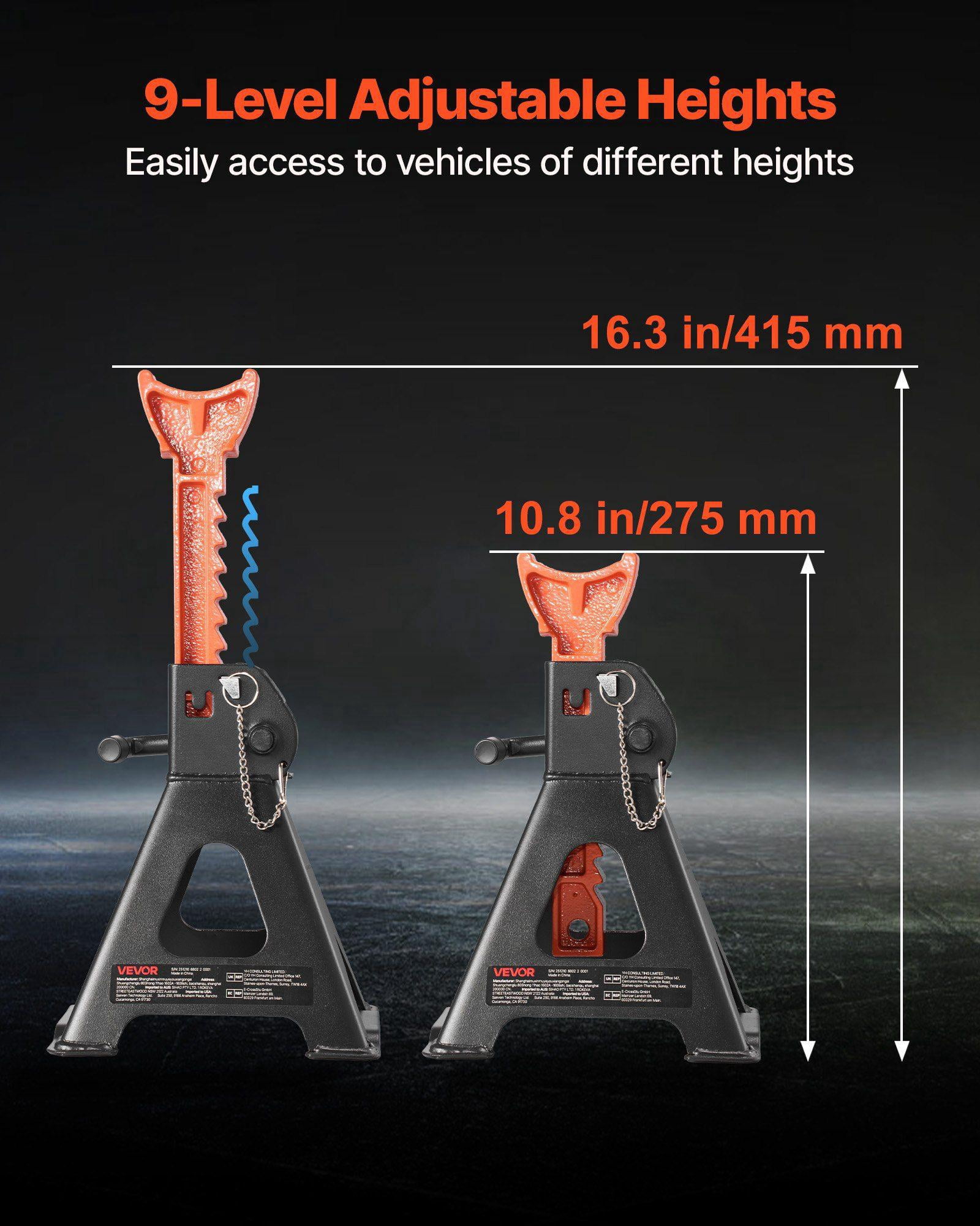 Heavy Duty 3 Ton 6600 lbs Capacity Steel Jack Stands Adjustable Height 10.8-16.3 in Double Locking for SUV Pickup Car UTV ATV 1 Pair Black Orange