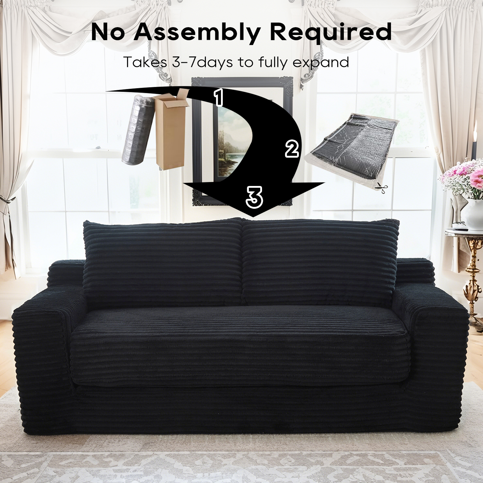Miniyam Convertible Loveseat Sofa Bed with Memory Foam, Small Couch for Apartment, No Assembly, Corduroy, Black