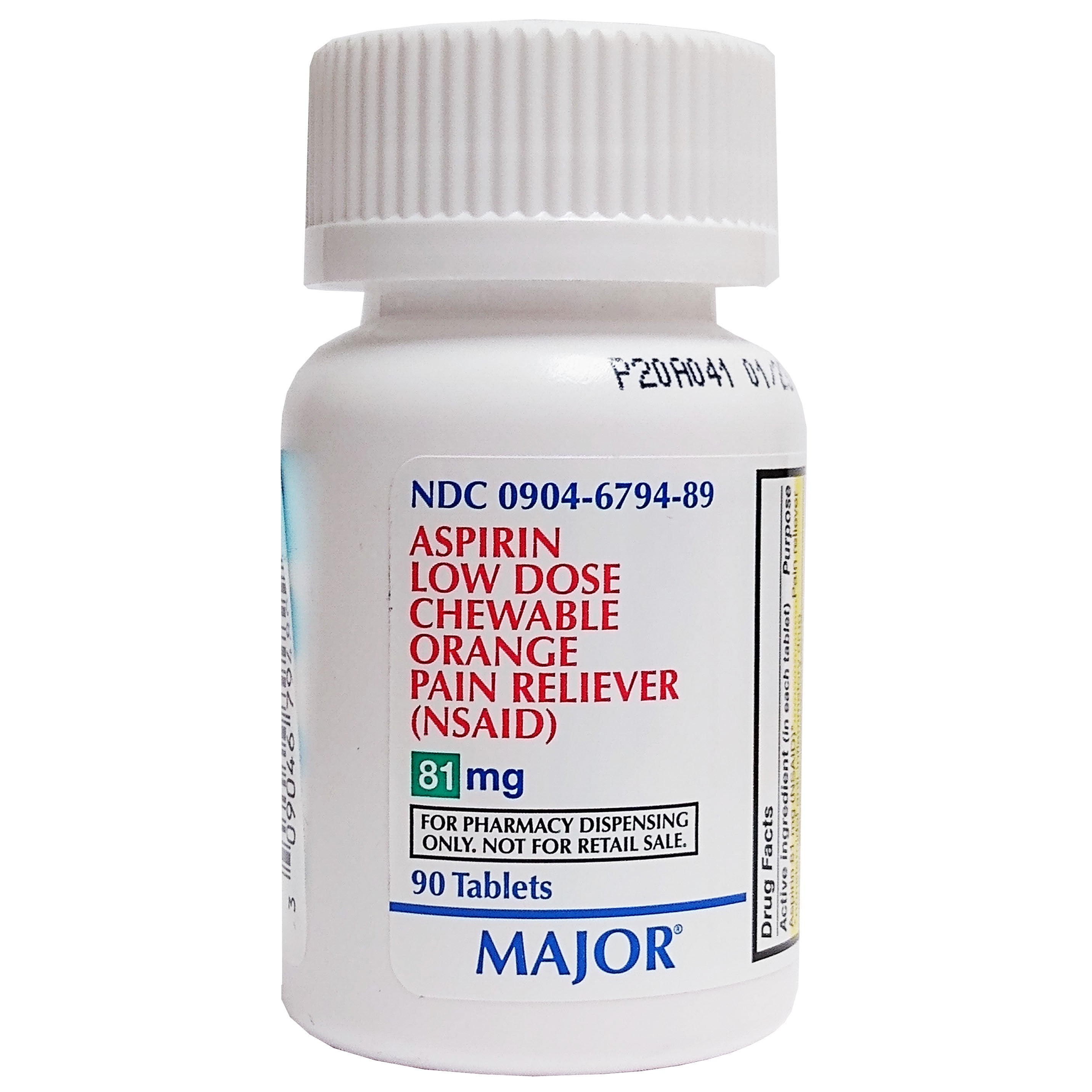 Major Aspirin Low Dose Pain Reliever (NSAID) 81 mg Chewable 90 Tablets