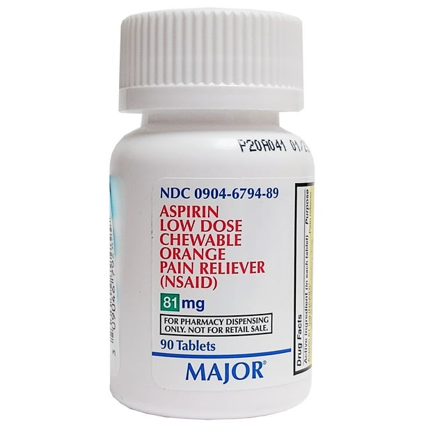 Major Aspirin Low Dose Pain Reliever (NSAID) 81 mg Chewable 90 Tablets, Orange Flavor, 1 Bottle