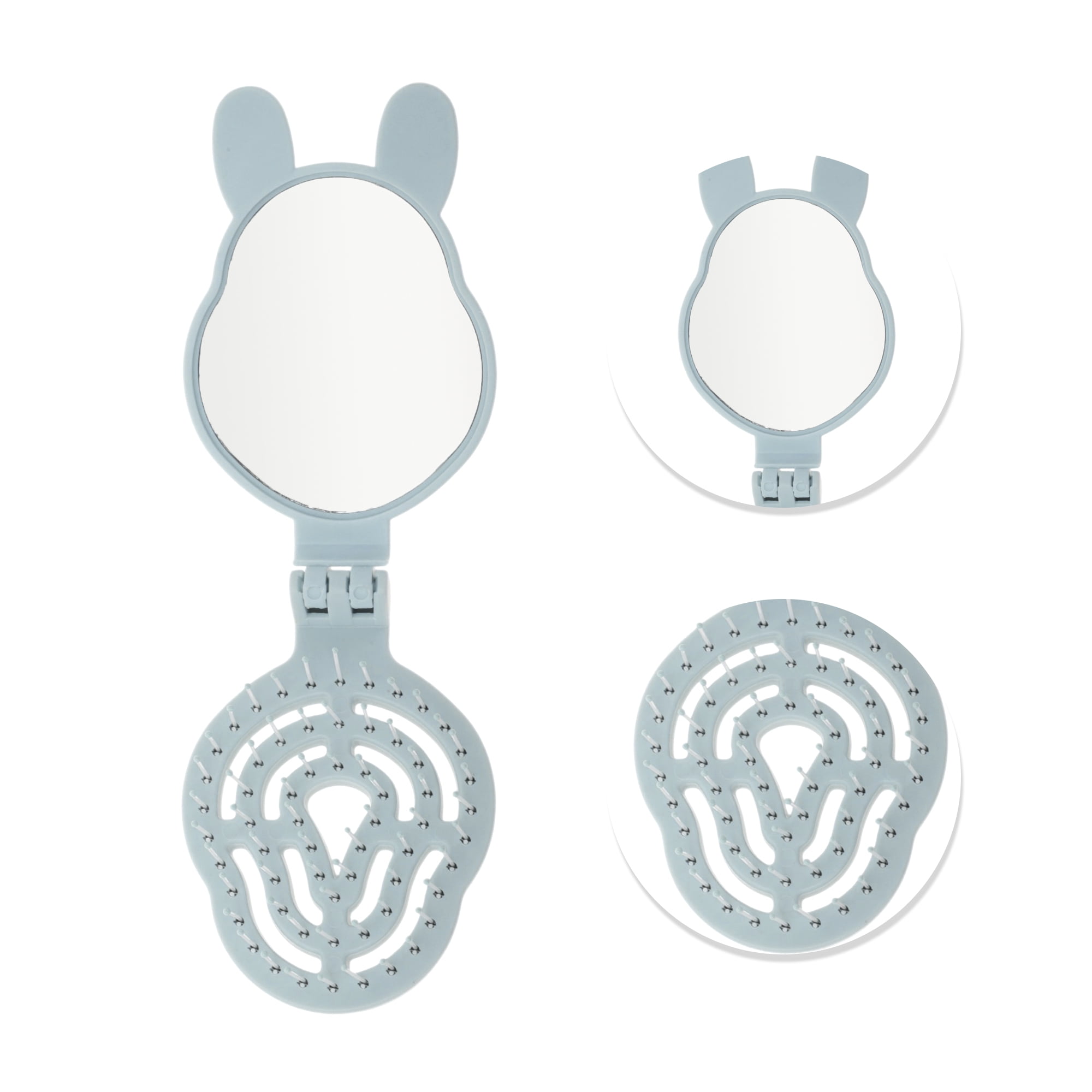 Unique Bargains 1 Pc Rabbit Shape Foldable Mirror Comb for Hair Styling Blue