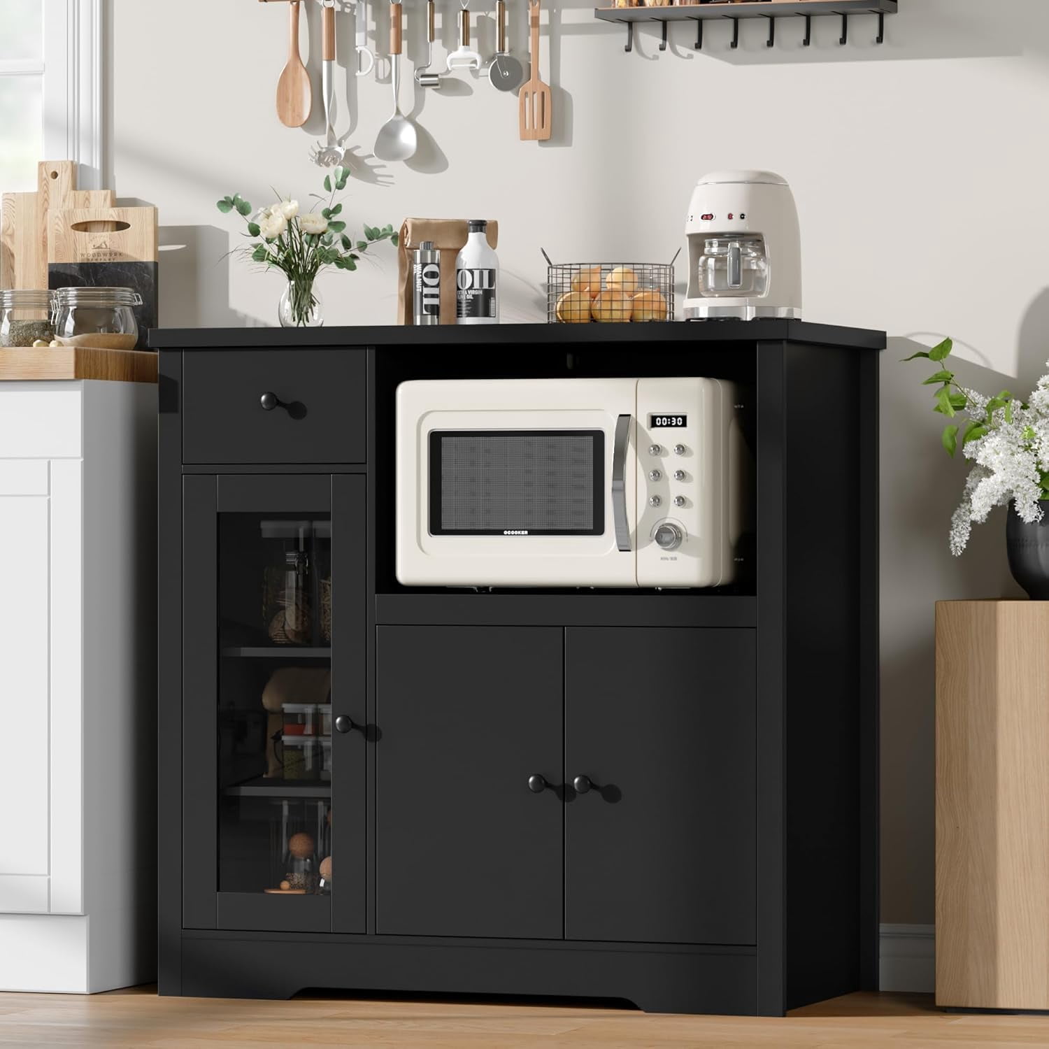 Yeshouse Pantry Storage Cabinet, Multipurpose Kitchen Sideboard with Drawer, 3 Doors & Adjustable Shelving