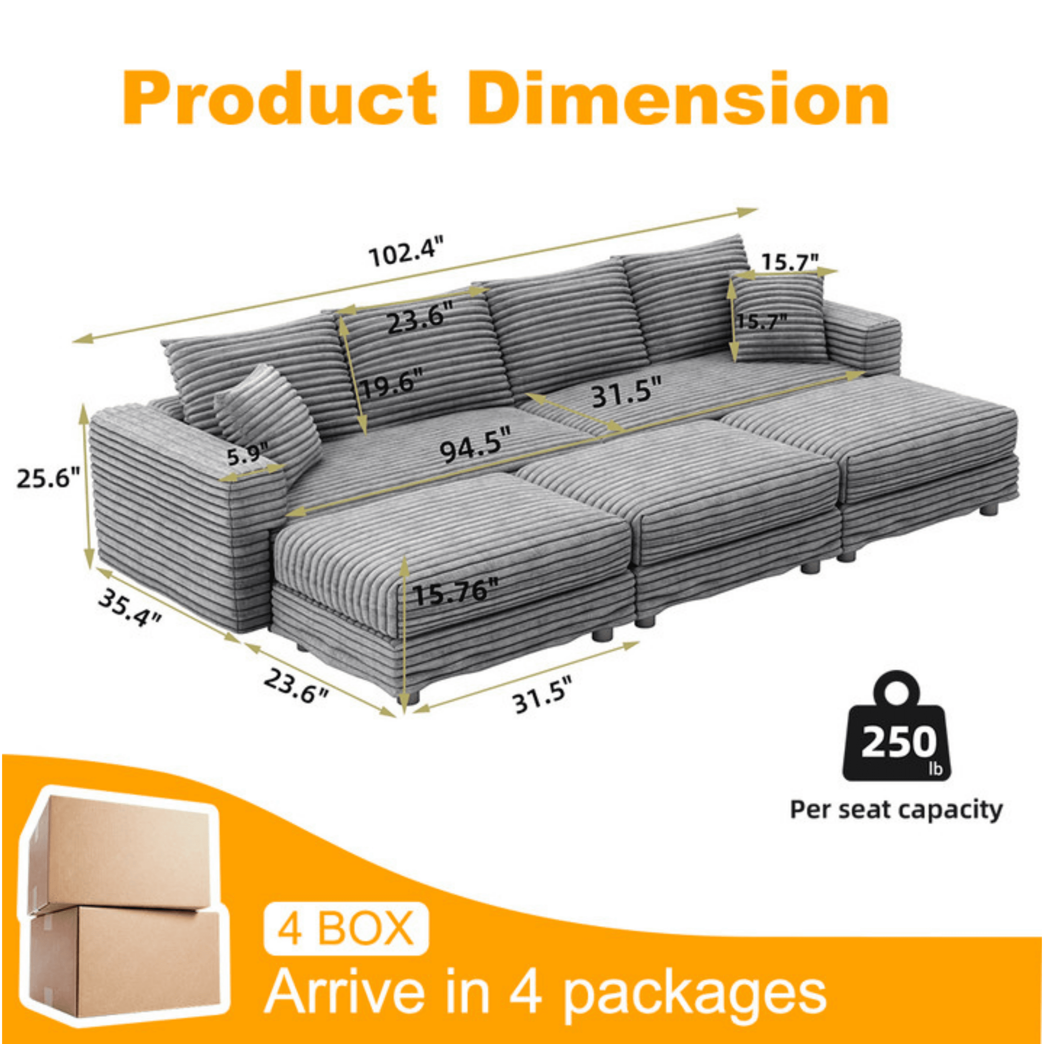 Alvantor 4-Seat Sofa with 3 Movable Ottomans 102" W Corduroy Upholstered Deep Seat Couches Convertible Chaise for Living Room, Apartment Grey