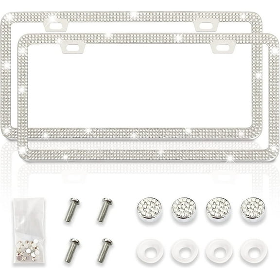 2 Pack Silver Bling Car License Plate Frames for Women, Sparkly Diamond License Plate Cover, Glitter Glass Rhinestone Car License Plate Holder, 2 Holes Zinc Alloy Frame with Screw Caps