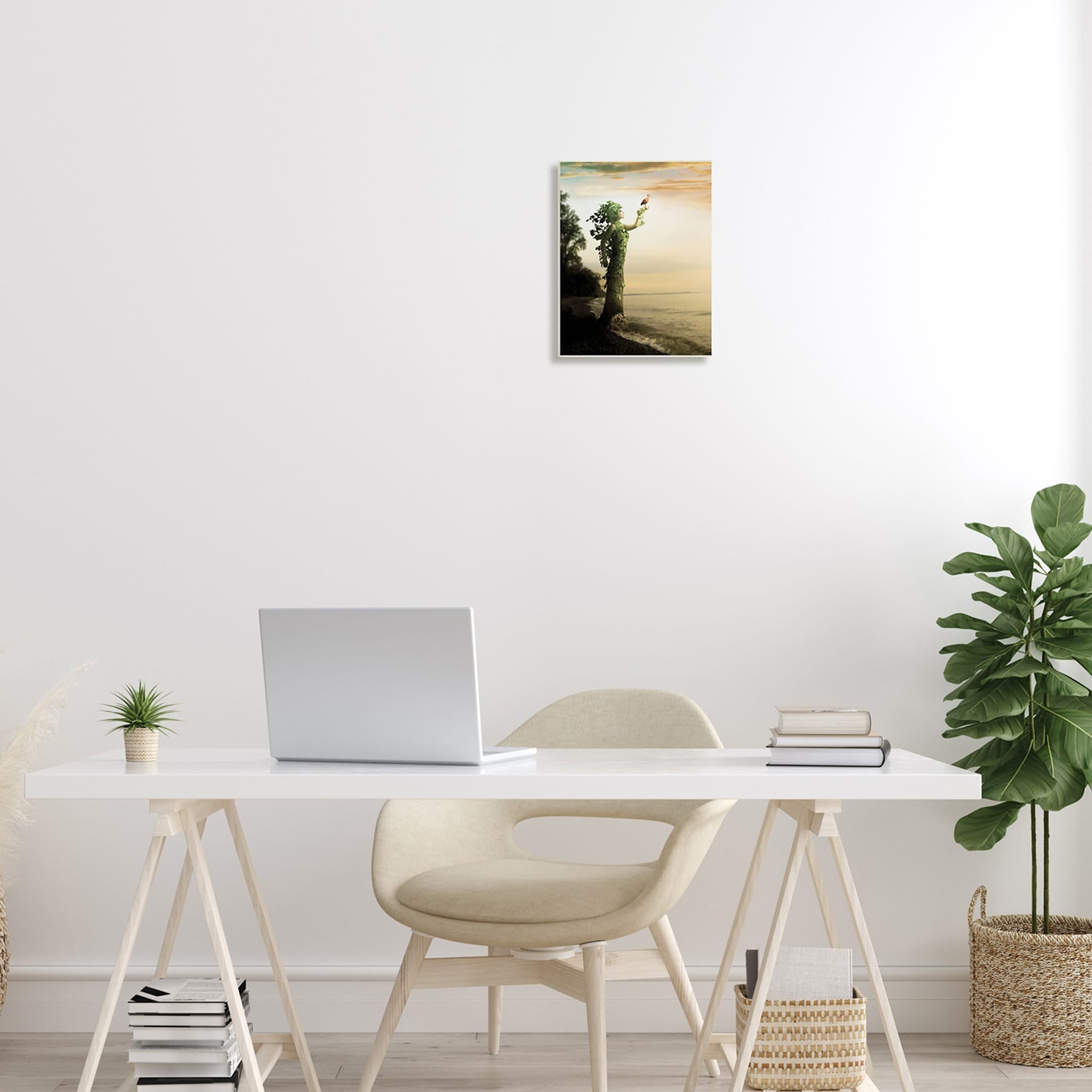 Woman Growing Vines Beach Shoreline Water Bird Coastal Painting Unframed Art Print Wall Art
