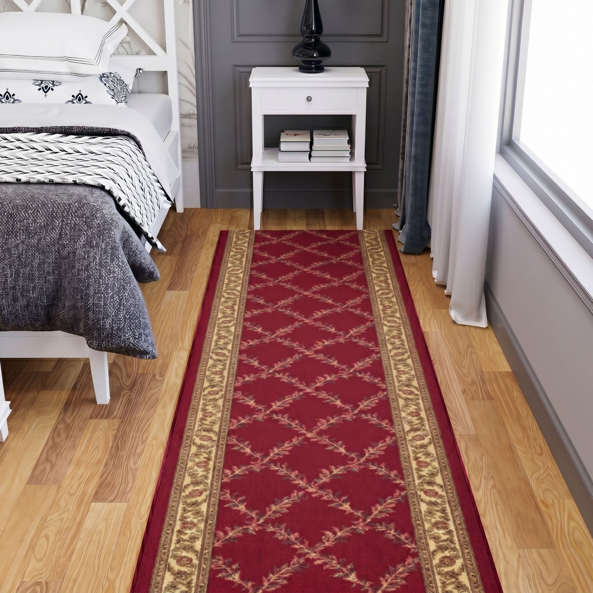 Ottomanson Extra Long Runner Rug 2'7" x 37' – Non-Slip Low Pile Hallway Carpet, Trellis Burgundy Red