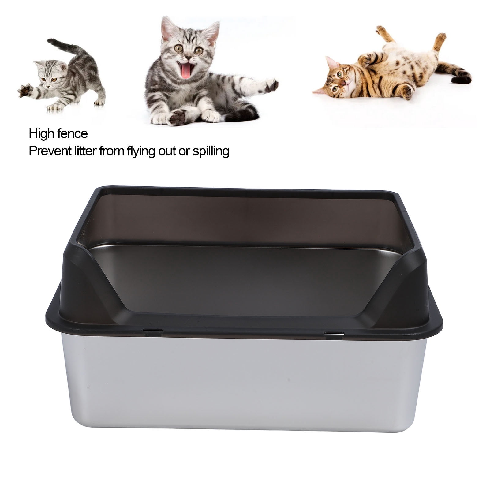YAHHU Stainless Steel Cat Litter Box Anti Splashing Top Entry Large Kitty Pan with Scoop, High Sided Metal Potty Tray for Big Cats, 20.08 inches / 51 cm, Black
