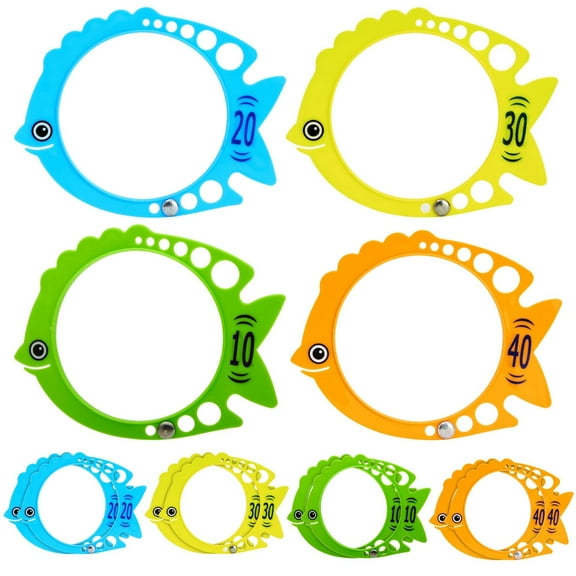 12 Pack Fish Pool Rings for Diving, Underwater Swim Dive Rings, Summer Sinking Swimming Toys, (7x6 in, 4 Colors)