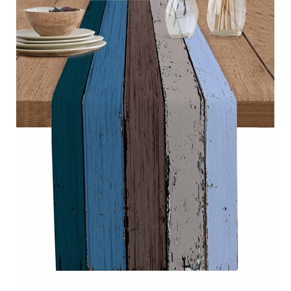 Hokiten Table Runners 36 Inches Long Dress Scarves, Blue Brown Grey Farmhouse Kitchen/Dining Table Runner, Short Coffee Tablerunners, Vintage Stripe Farmhouse Wood Grain 13x36 Inch