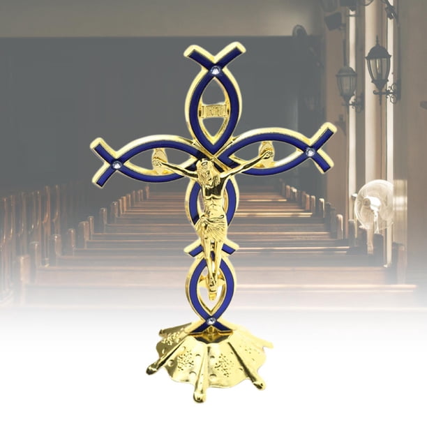 Cruz de crucifijo católico de soporte, estatua y estatuilla de Jesucristo de aleación para decoración de , adorno de Iglesia de oficina Azul Macarena Crucifijo de pie