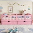 thumbnail image 3 of URTR Twin XL Size Montessori Platform Bed with Full-length Guardrails and 2 Drawers, Wooden Twin XL Low Profile Platform Bedframe with Cute Headboard for Bedroom, Pink, 3 of 9