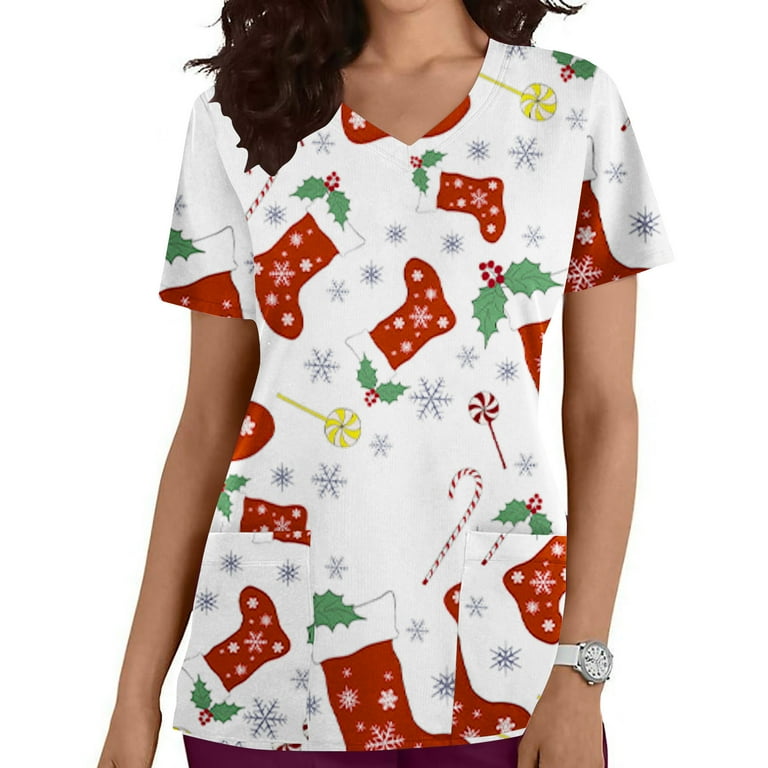 Tarmeek Women s Christmas Scrub Top Holiday Plus Size Tops V Neck