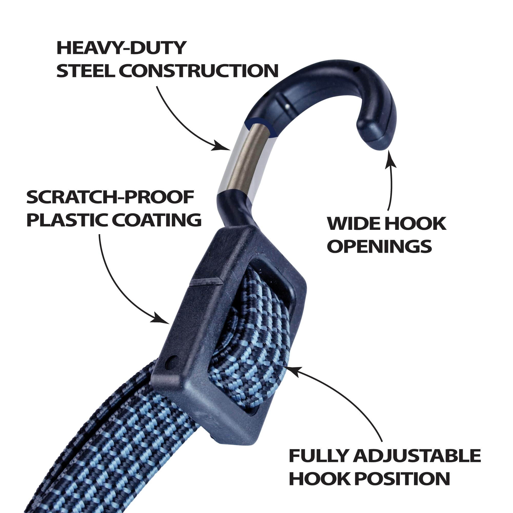 Tack Strap – 4-Way Flat Bungee Cord with Rubber Pad Grip, Non-Slip Adjustable Tie Down Straps for Outdoor Gear, 2-Pack (Blue Eclipse)