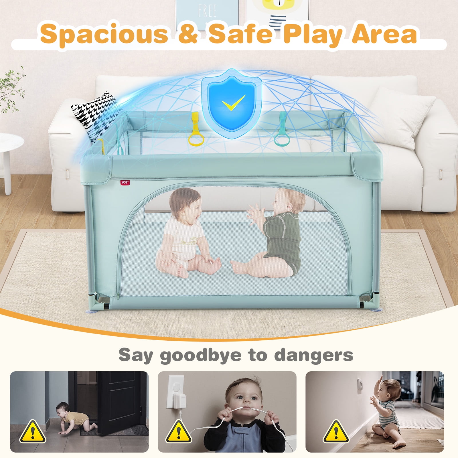 Gymax Baby Playpen for Toddlers Large Kids Activity Center w/ 50 PCS Ocean Balls & 4 Pull Rings